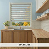 Modern kitchen with wooden cabinets, a sink, with Zebra Solar Roller Shades in light grey called 'Shoreline'.