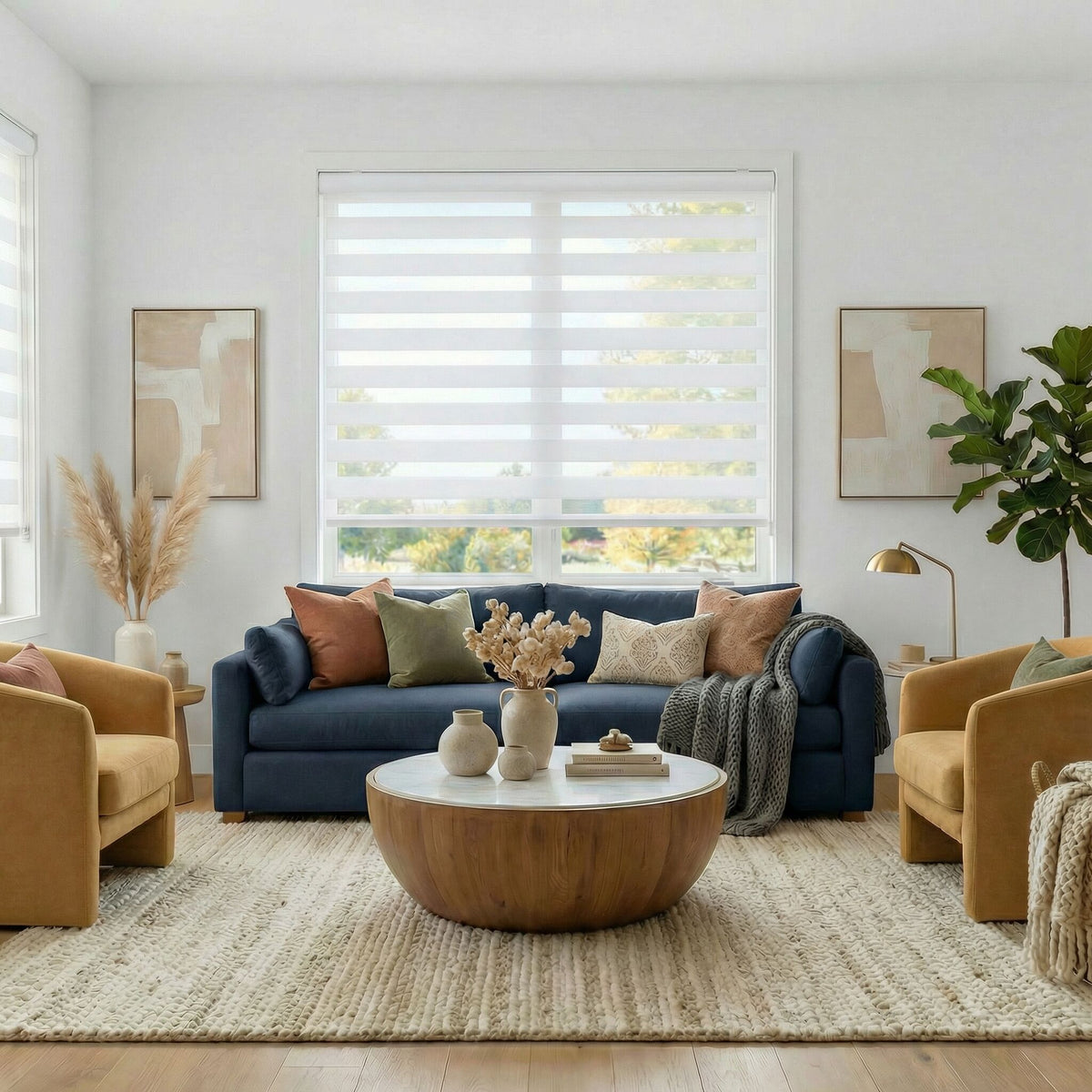 White Zebra Solar Roller Shades in modern living room with a blue sofa, wooden coffee table, and yellow armchairs.