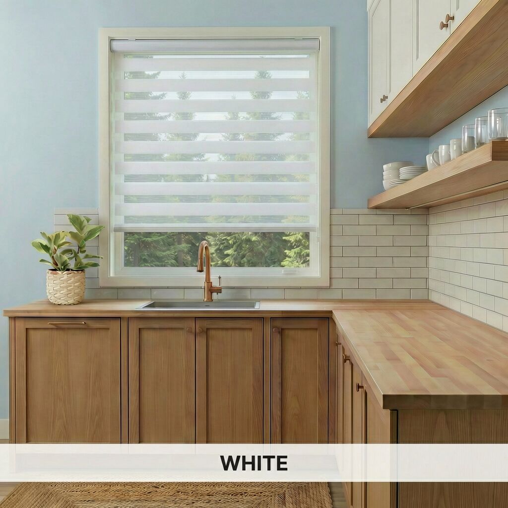 White Zebra Solar Roller Shades in a kitchen with wooden cabinets.