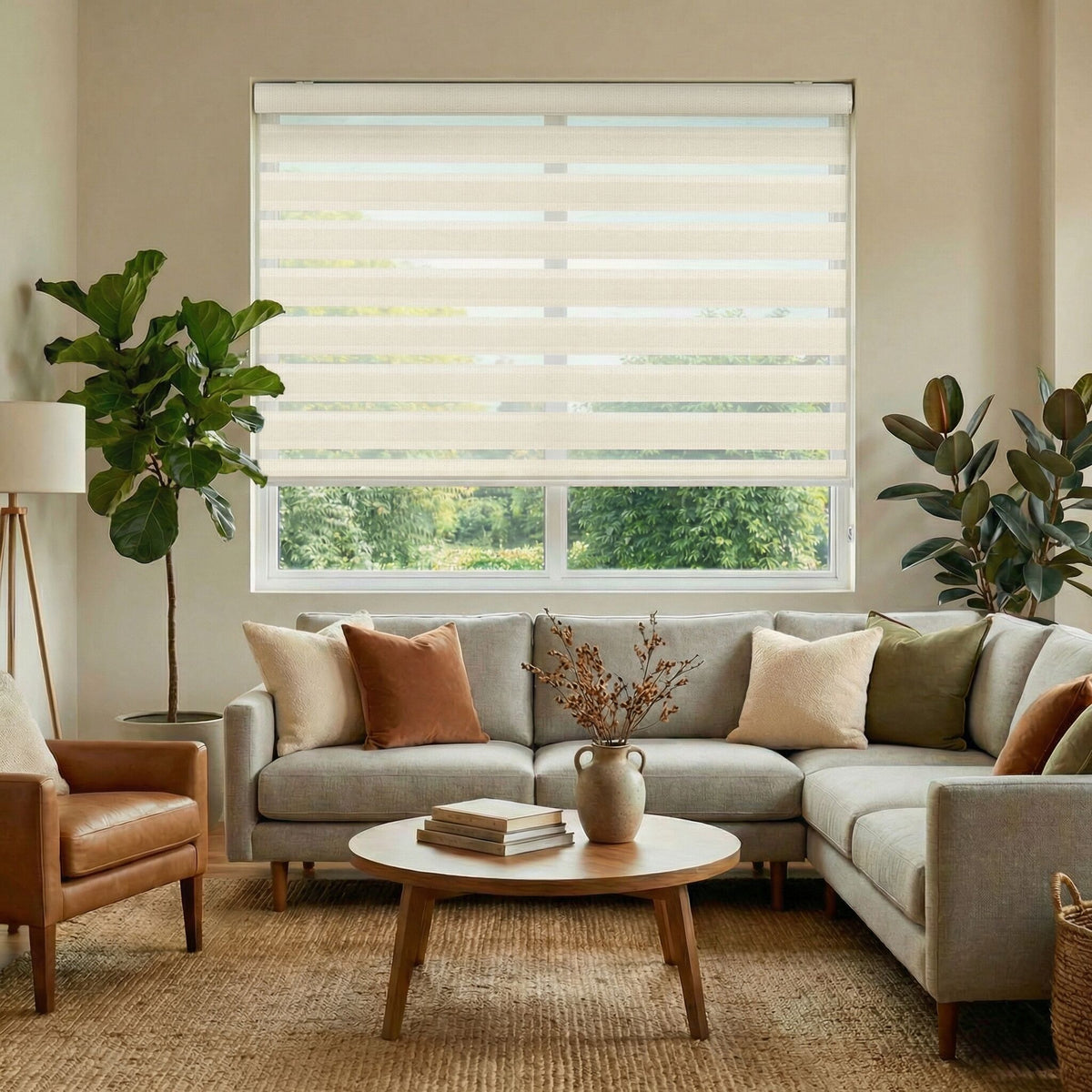 Living room with a sectional sofa, armchair, coffee table, and window with blinds.