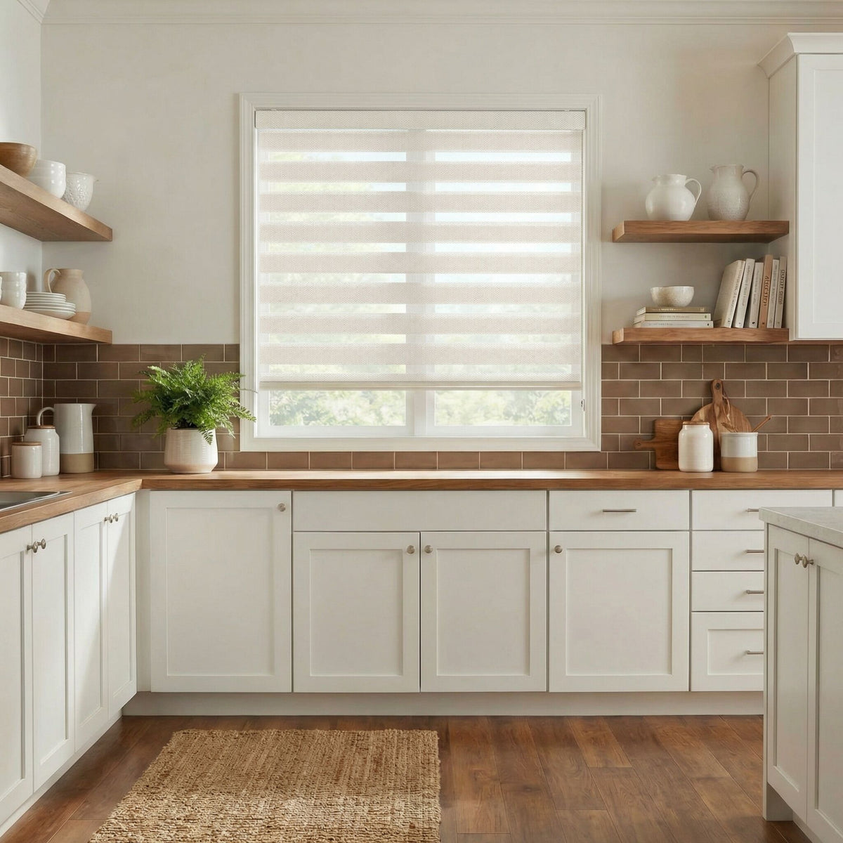Modern kitchen with white cabinets, wooden shelves, and a window with blinds.
