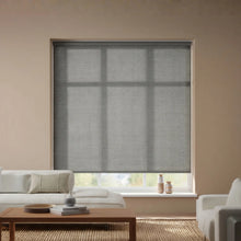 Load image into Gallery viewer, Main view of Amelia Light Gray Smoky Luxe natural light filtering roller shades in a bright, sunlit living room.
