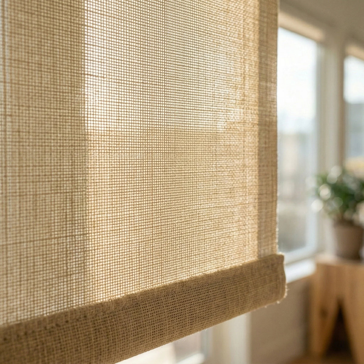 Extreme macro close-up of the Bamboo Mat beige fabric texture on a 7 percent openness solar shade, highlighting the high-quality decorative weave.