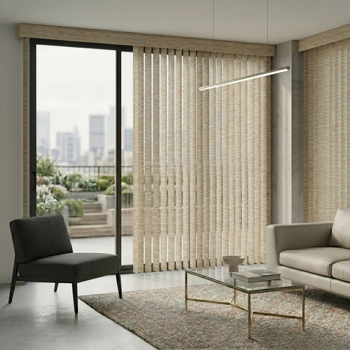 Signature Collection Fabric Vertical Blinds in Beige harmonize with the room's neutral tones, subtly framing a stunning city skyline view while a gray couch and black chair provide sophisticated contrast.