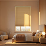 Upgrade your modern bedroom with Beige Brown 1 2 Inch Budget Single Cell Blackout Cordless Shades, keeping the space completely shaded from harsh glare.