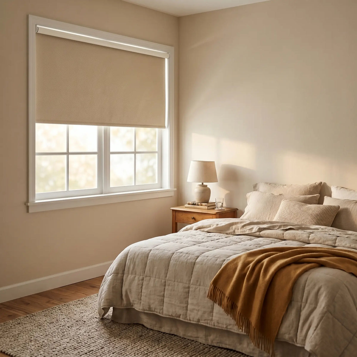 Beige Classic Blackout Vinyl Roller Shade glowing with warm sunlight in a cozy bedroom corner