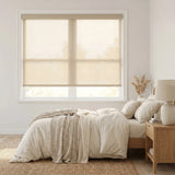 Classic Fabric Light Filtering Roller Shades in Beige add warmth and coziness to this inviting bedroom, filtering natural light for a calm atmosphere.