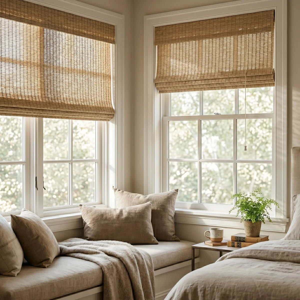 Transform your space with Cordless Woven Wood Shades, effortlessly filtering natural light into a serene beige-toned room, perfect for reading or relaxation
