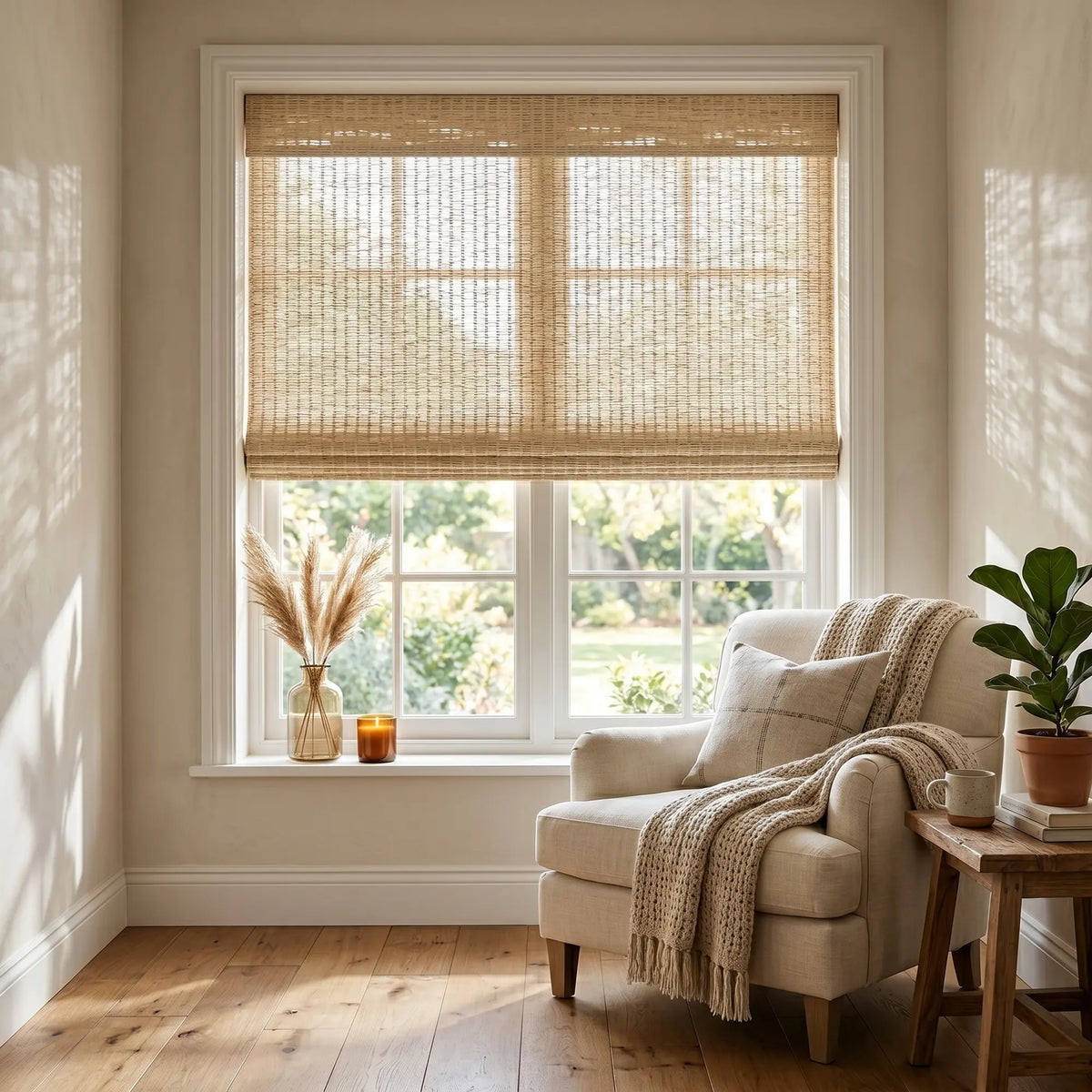Introducing Cordless Woven Wood Shades, effortlessly filtering natural light through a neutral beige backdrop in this inviting living space