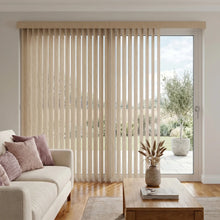 Load image into Gallery viewer, Custom window treatments: Beige (Costa Rica Dunes) Premier Pvc Vertical Blinds shown in a warm patio, blocking out harsh glare while maintaining a clean aesthetic.
