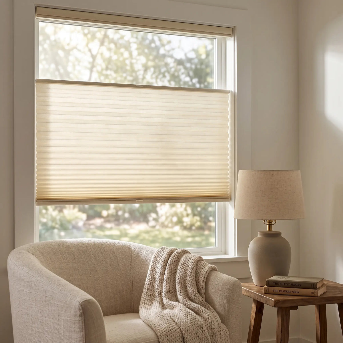 Simplistic Cordless Tdbu Pleated Shades effortlessly filter bright sunlight through beige treatments, complementing white walls and furniture in this serene room where versatility meets relaxation.