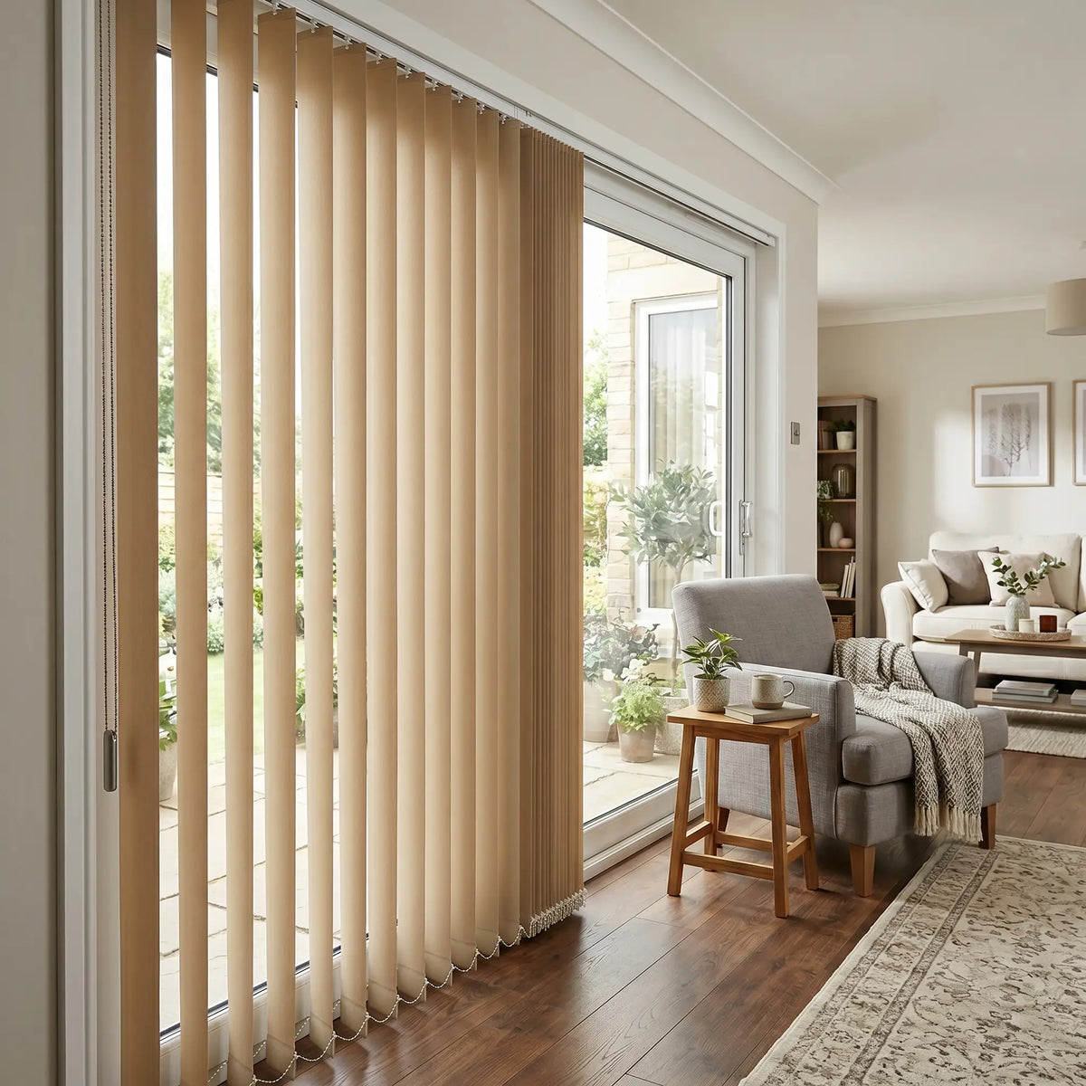 A serene patio featuring Beige Classic Curved Pvc Smooth Vertical Blinds, combining practical light filtering with a structured modern look.