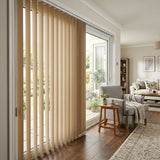 A serene patio featuring Beige Classic Curved Pvc Smooth Vertical Blinds, combining practical light filtering with a structured modern look.