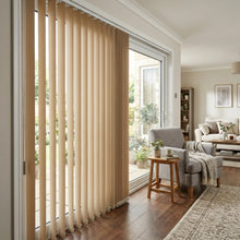 Load image into Gallery viewer, A serene patio featuring Beige Classic Curved Pvc Smooth Vertical Blinds, combining practical light filtering with a structured modern look.
