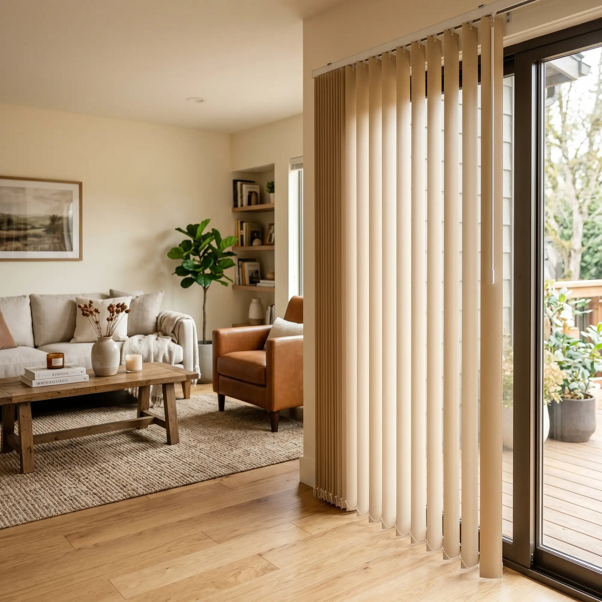 Custom window treatments: Beige Classic Curved Pvc Smooth Vertical Blinds shown in a inviting living room, providing durable, easy-to-clean window coverage.