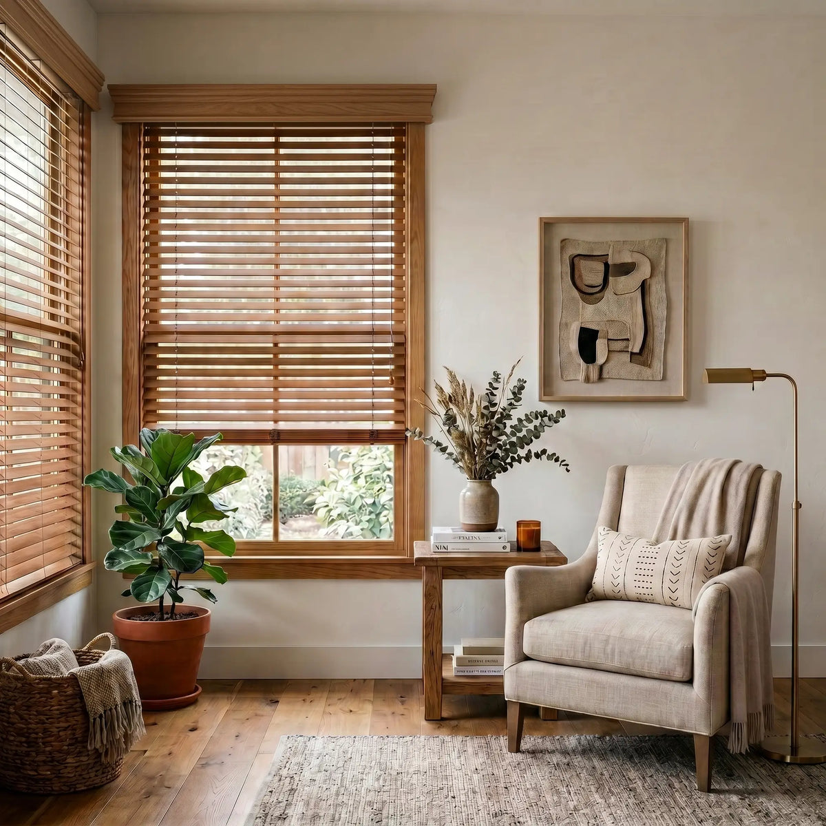Wooden Hardwood Cordless Horizontal Blinds effortlessly filter soft beige tones, inviting natural light into this serene room featuring a plush chair and vibrant artwork.