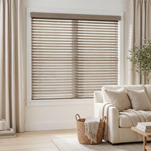 Load image into Gallery viewer, Beige hardwood venetian blinds in a modern living room setting
