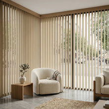 Load image into Gallery viewer, View of a serene living room with Beige (Pagoda Beige) Signature Pvc Vertical Blinds, managing sunlight and privacy with smooth vertical operation.
