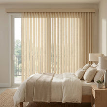 Load image into Gallery viewer, Signature Collection Fabric Vertical Blinds expertly frame white walls and furniture, filtering soft daylight into a serene, understated space
