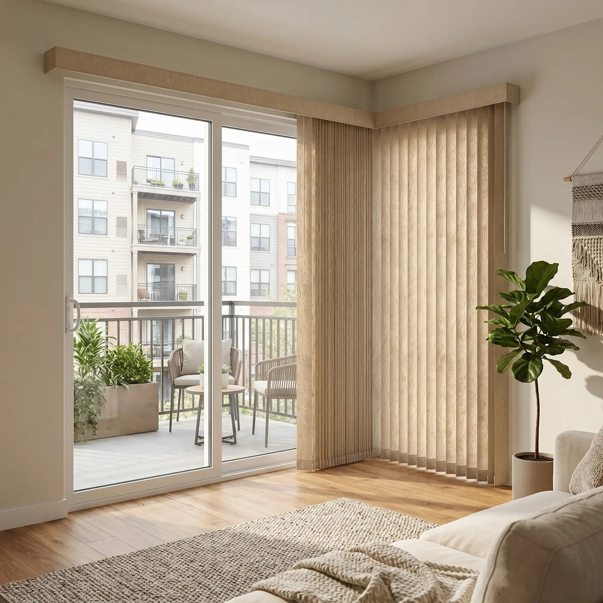 Custom window treatments: Beige S Shape Pvc Vertical Blinds shown in a space with a cozy atmosphere, ideal for expansive windows requiring stylish light management.