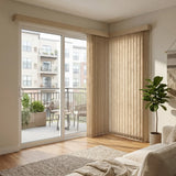 Custom window treatments: Beige S Shape Pvc Vertical Blinds shown in a space with a cozy atmosphere, ideal for expansive windows requiring stylish light management.