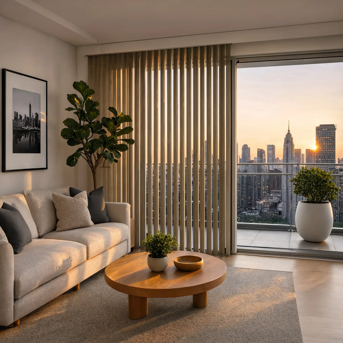A look at Beige 3 1/2 Inch Signature Pvc Vertical Blinds inside a serene living space, combining practical light filtering with a structured modern look.