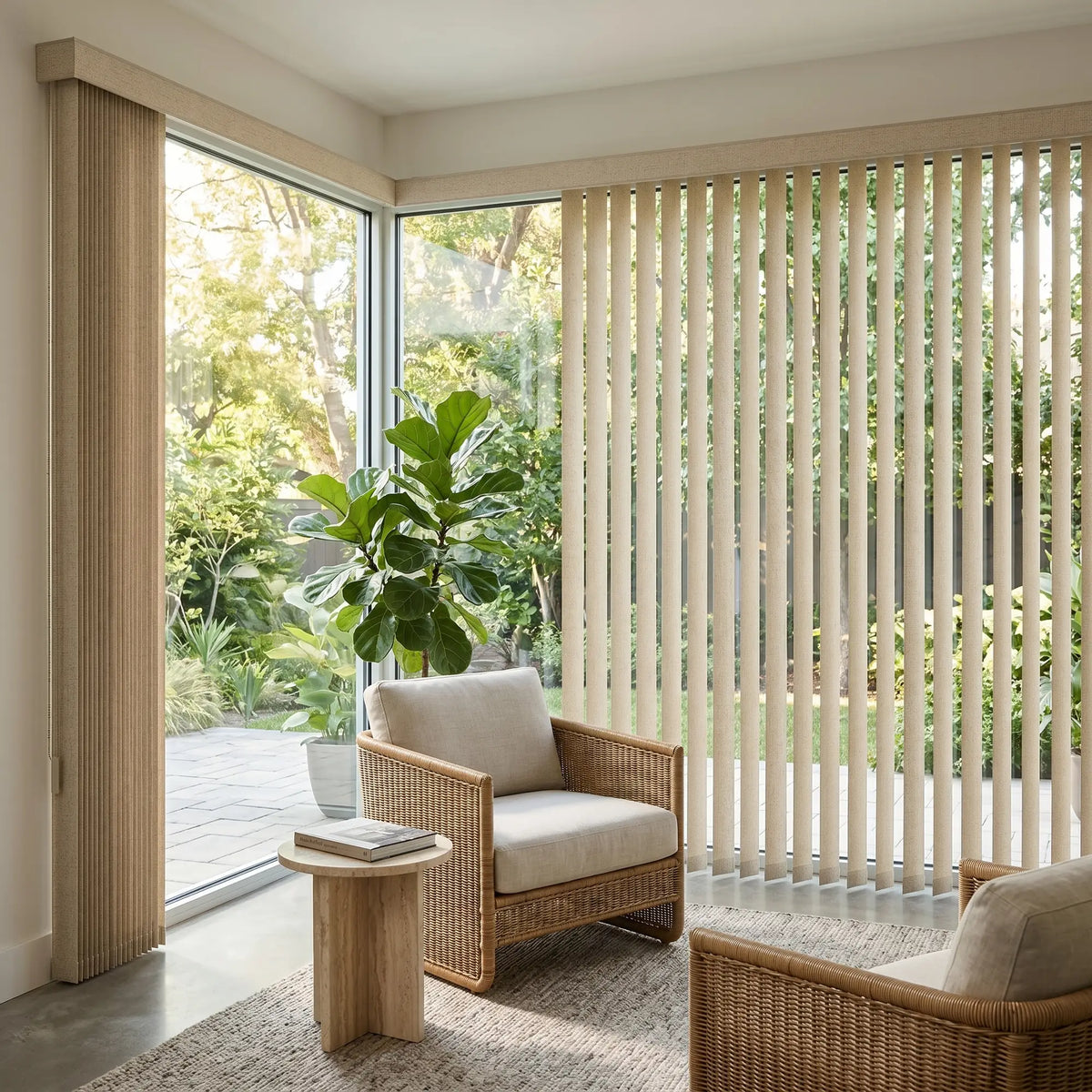 Beige 3 1/2 Inch Signature Pvc Vertical Blinds installed in a peaceful living space, combining practical light filtering with a structured modern look.