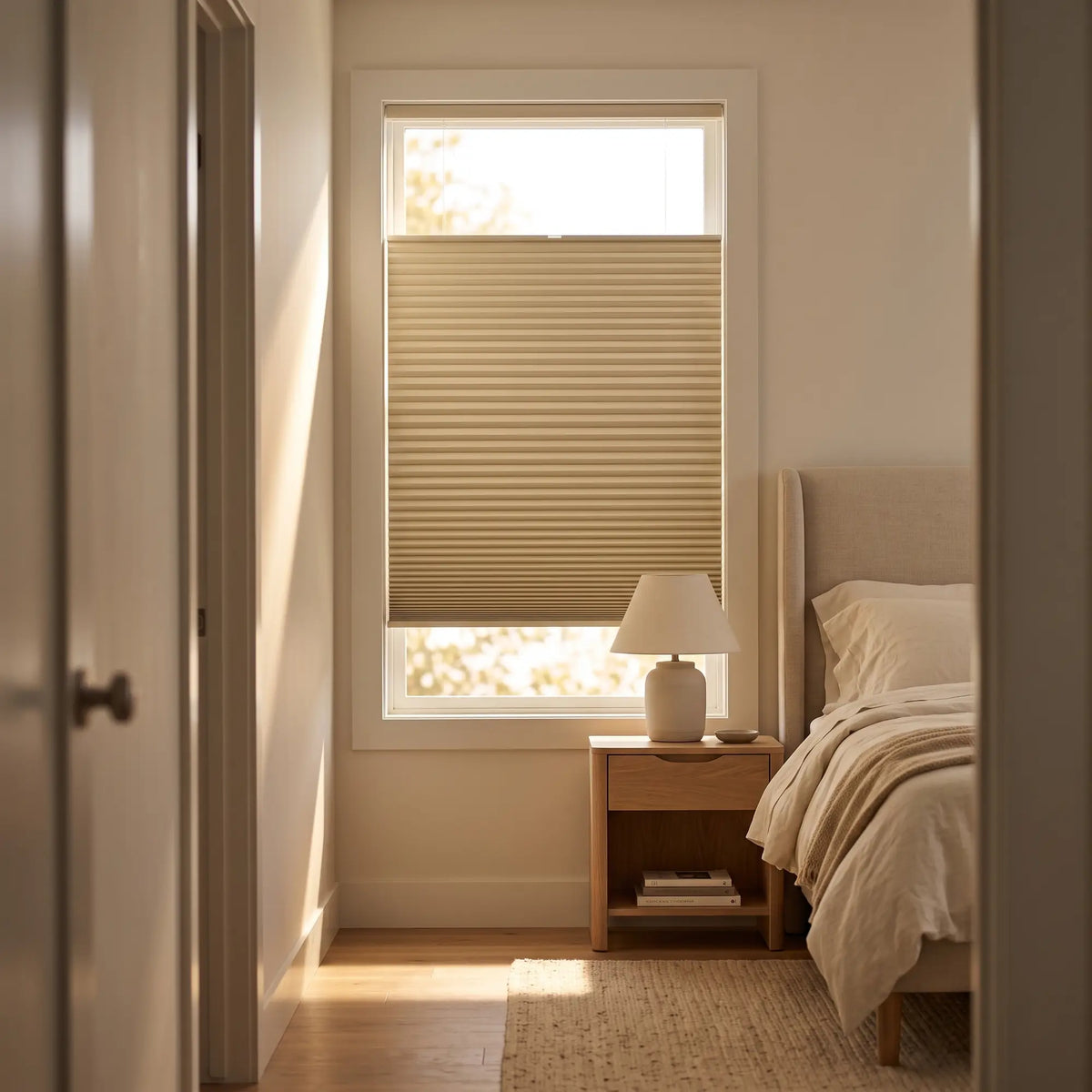 Soft beige light filters through Simplistic Cordless Tdbu Pleated Shades, illuminating a serene bedroom retreat with adjustable privacy and versatile lighting options.