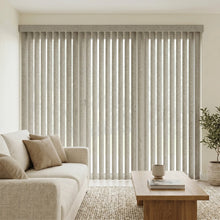 Load image into Gallery viewer, Styling a warm living room with Beige (Vail Curved Linen) Signature Pvc Vertical Blinds, delivering sleek functionality and room-darkening capabilities.
