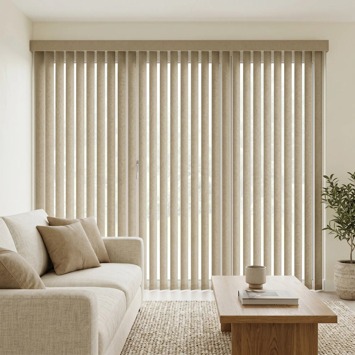 A look at Beige (Vail Curved Oat) 3 1/2 Inch Signature Pvc Vertical Blinds inside a serene living room, combining practical light filtering with a structured modern look.