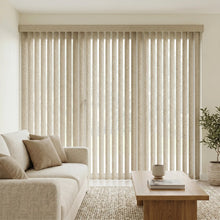 Load image into Gallery viewer, Natural sunlight hits the Beige (Vail Curved Beige) 3 1/2 Inch Signature Pvc Vertical Blinds in this serene living space, managing sunlight and privacy with smooth vertical operation.
