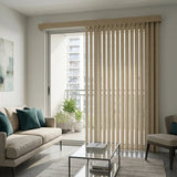 A elegant living room featuring Beige (Vail Oat) S Shape Pvc Vertical Blinds, combining practical light filtering with a soft, rippled design.