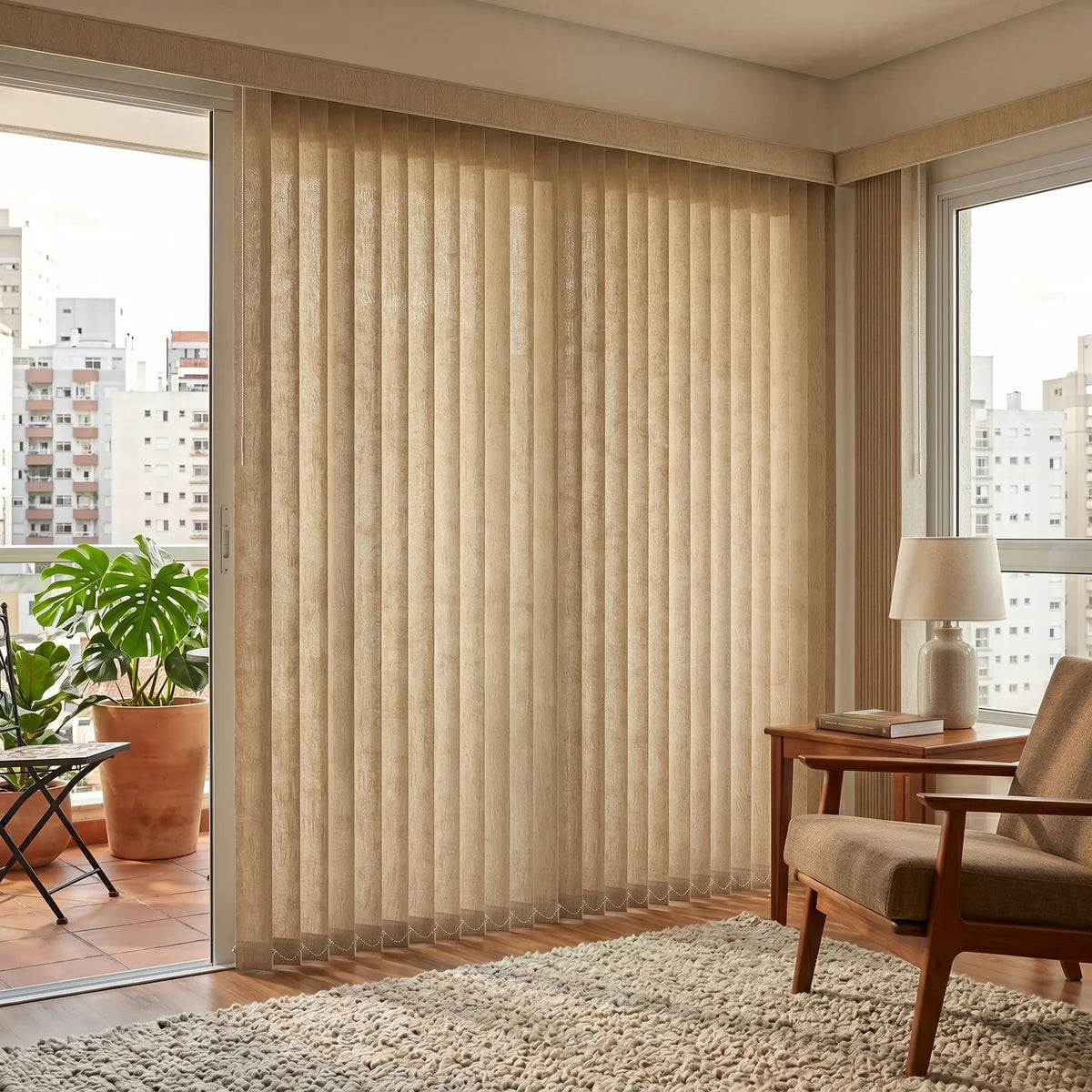 View of a cozy living room with Beige (Wanderlust Desert Sand) 3 1/2 Inch S Shape Pvc Vertical Blinds, mimicking the soft folds of traditional drapery with the durability of PVC.