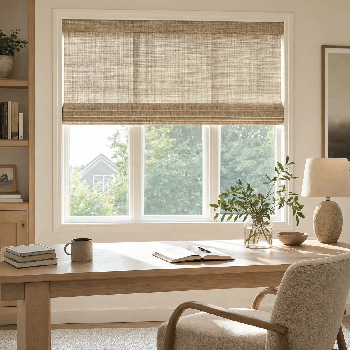 Transform your space with Wicker Look Woven Cordless Shades, effortlessly filtering soft beige light into this serene room featuring a plush armchair and reading nook.