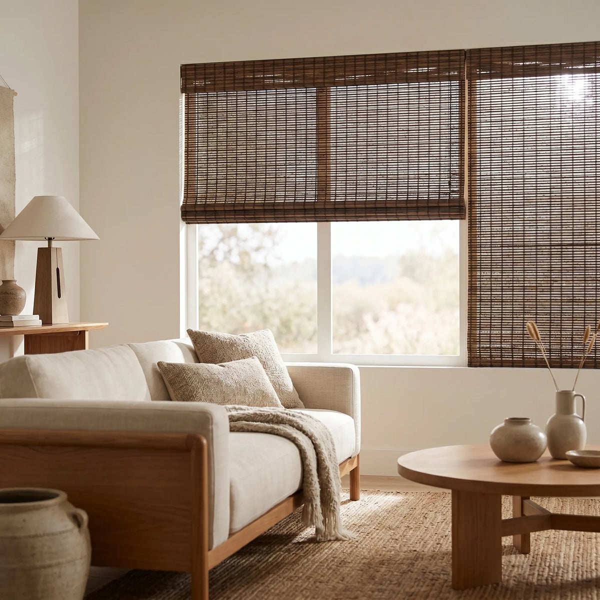 Woven Wood Cordless Top Down Bottom Up Shades bring warmth and versatility to this inviting space, perfectly capturing natural light through brown bamboo blinds.