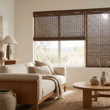 Woven Wood Cordless Top Down Bottom Up Shades bring warmth and versatility to this inviting space, perfectly capturing natural light through brown bamboo blinds.
