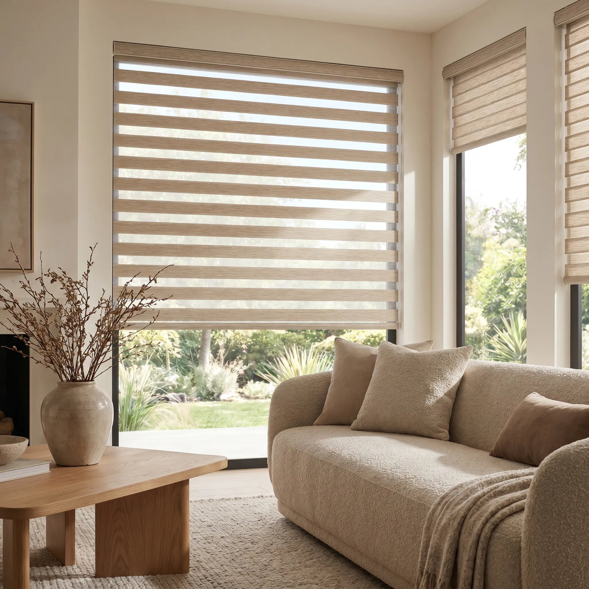 Warm beige tones complement this serene scene with Zebra Light Filtering Roller Shades and a peaceful living space