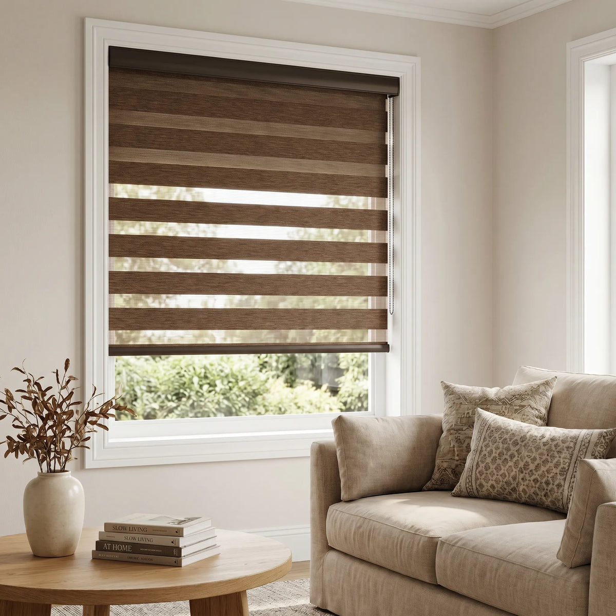 Elevate your living space with Zebra Light Filtering Roller Shades in beige, perfect for filtering natural light and adding warmth.