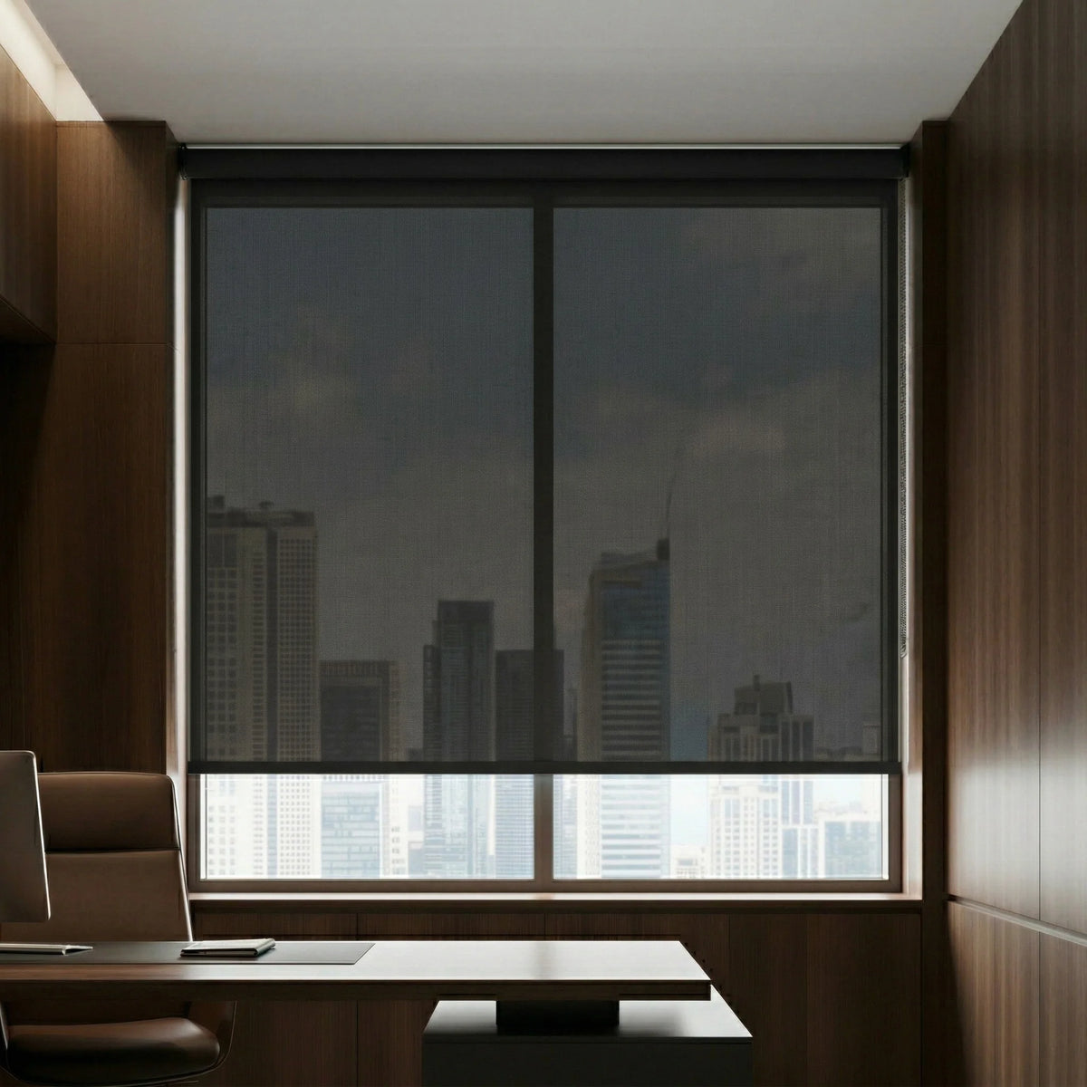 Executive office view of a black luxury ProGrade solar shade, highlighting its premium aesthetic and functionality.
