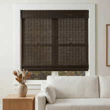 Load image into Gallery viewer, Transform your space with Cordless Woven Wood Shades, perfectly contrasting with white walls and a light-colored couch in this inviting living room
