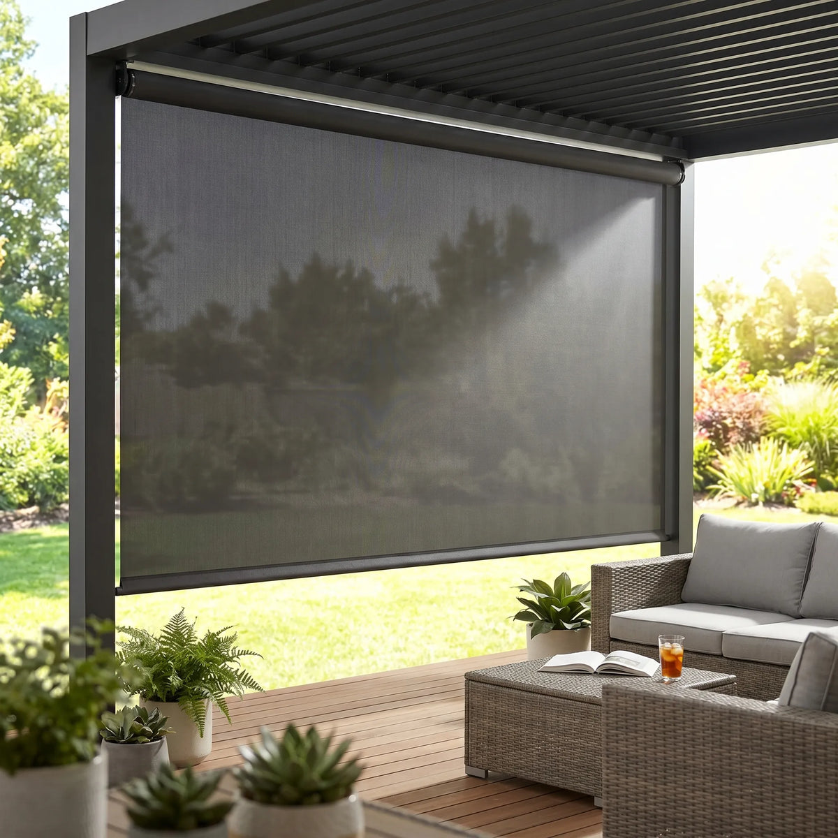 Premier 1% Solar Screen Roller Shade blocks UV rays on a sunny patio with black shades and lush greenery.
