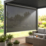 Premier 1% Solar Screen Roller Shade blocks UV rays on a sunny patio with black shades and lush greenery.
