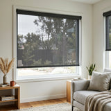 Premier 14% Solar Screen Roller Shade in black adds warmth and sophistication to this cozy living room, subtly filtering natural light
