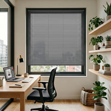 Load image into Gallery viewer, Styling a cozy living room with Black (Raw Umber) Classic Cordless 6g Aluminum Mini Blinds, managing sunlight effectively with easy-to-tilt aluminum slats.
