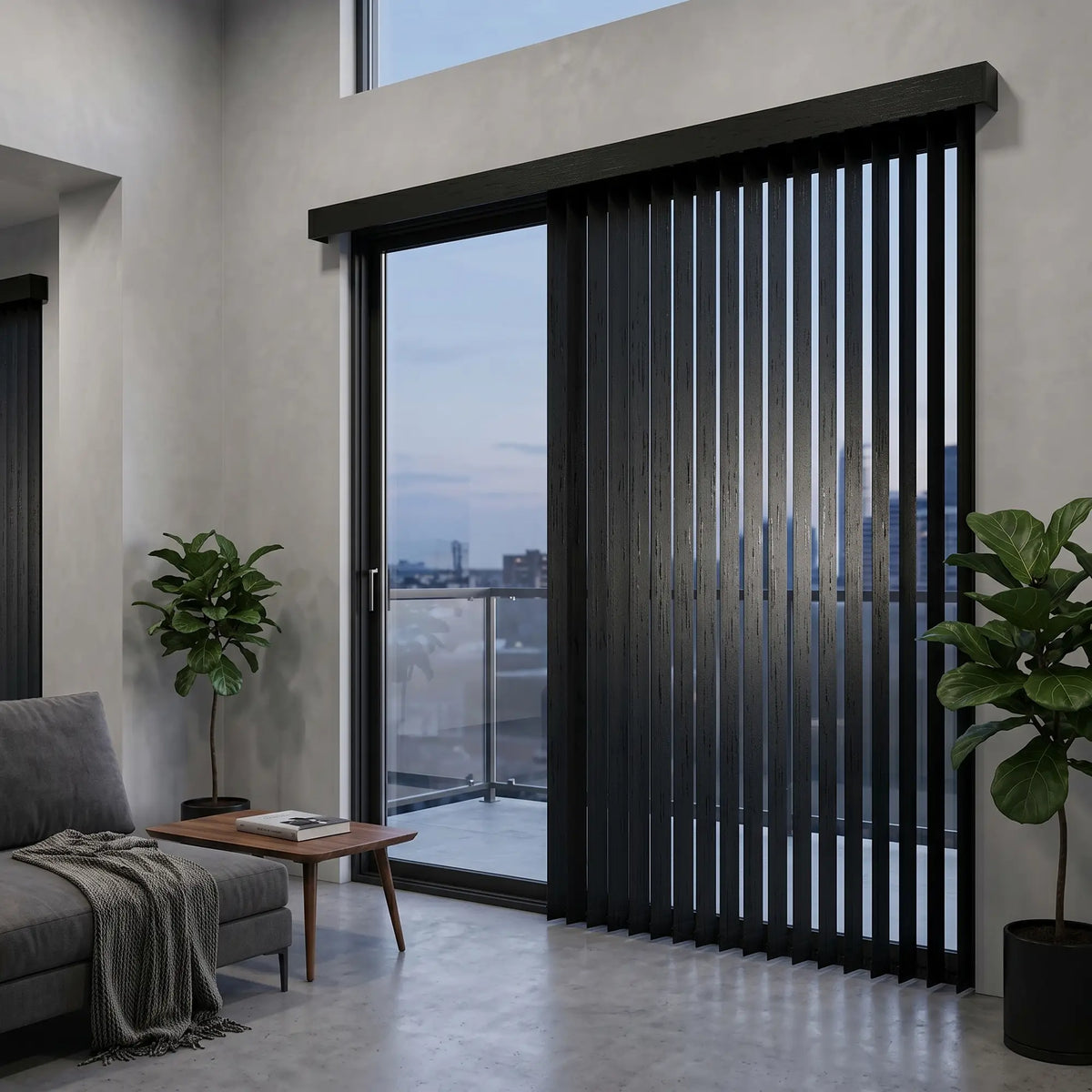 Showcasing Black (Recital Black) Signature Pvc Vertical Blinds in a modern living space, delivering sleek functionality and room-darkening capabilities.