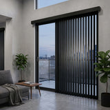 Showcasing Black (Recital Black) Signature Pvc Vertical Blinds in a modern living space, delivering sleek functionality and room-darkening capabilities.