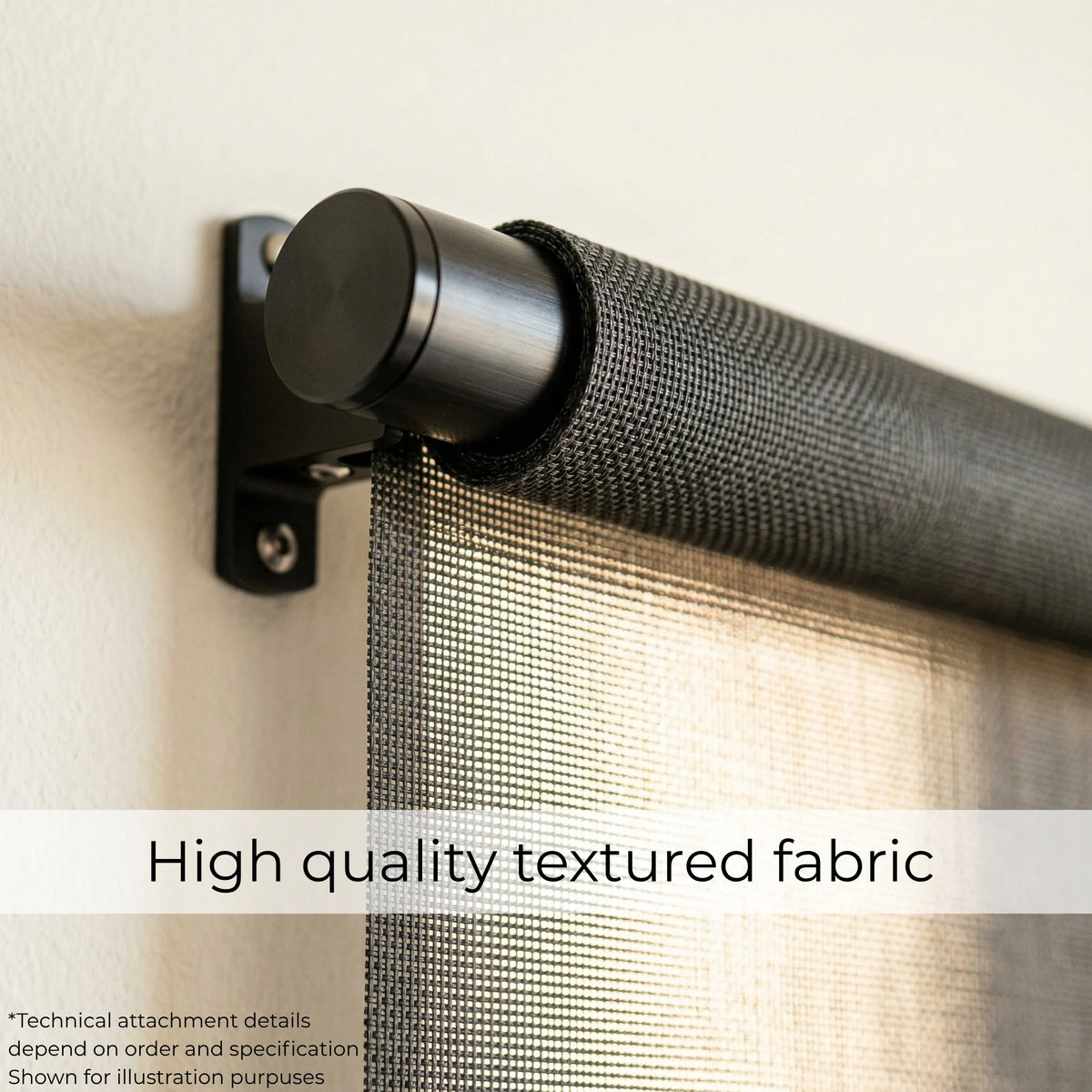 Macro close-up of a black Signature solar roller shade highlighting the high-quality fabric texture and smooth roller mechanism.