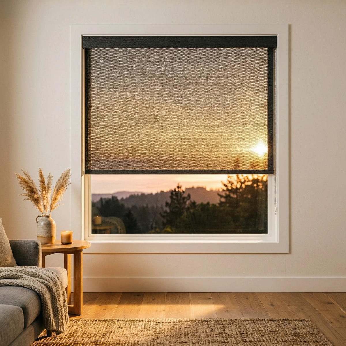 Black Signature solar roller shades providing UV protection and heat control with a clear city view.