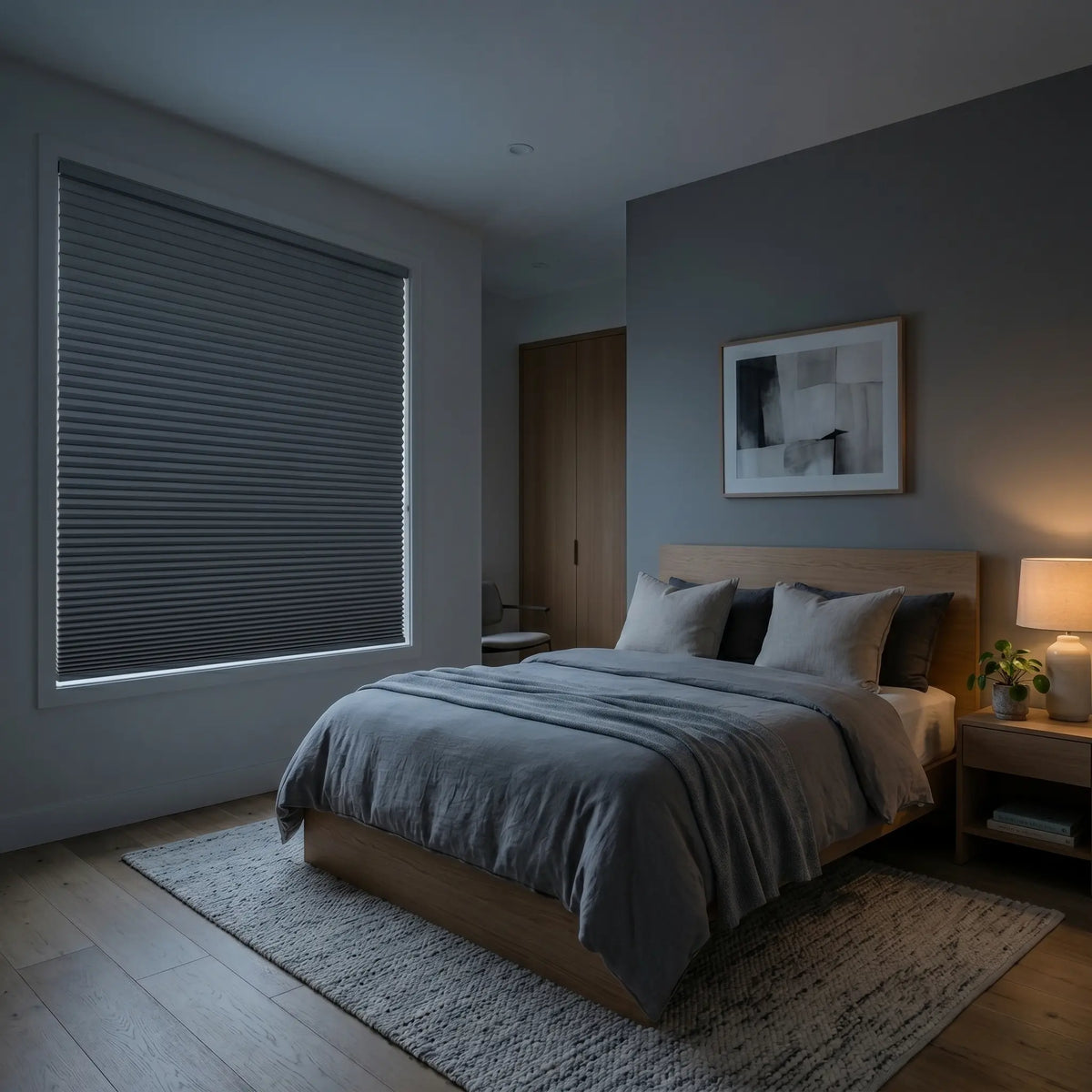 A modern bedroom featuring Black 1 2 Inch Budget Single Cell Blackout Cordless Shades, creating a serene, light-free setting.