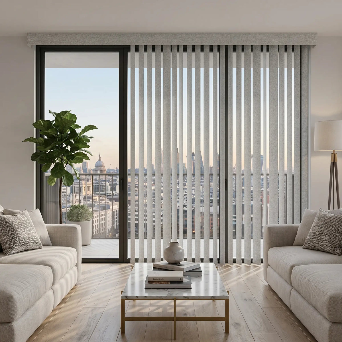 Showcasing Blackwhite (Turnberry Washed Grey) 3 1/2 Inch Signature Pvc Vertical Blinds in a relaxed living space, offering excellent light control and privacy for large spaces.